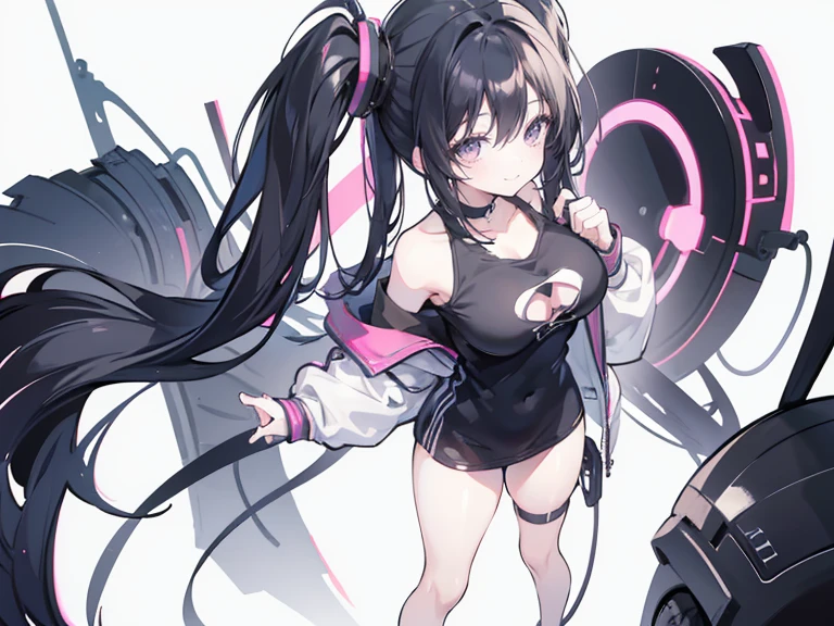 masterpiece,anime style,chibi,sexy girl,black hair,shoulder length hair with two pigtails,black jacket,with headphones,lo fi background,smiling,big breasts,listening to music,waiting on the right side of the image,showing cleavage,full body,standing,black t-shirt,alone,