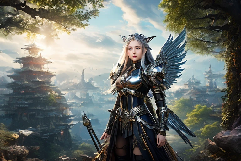 ((best quality)), ((masterpiece)), (detailed), Perfect face，Woman dressed in futuristic clothing，Standing in front of a big tree，Feathered wings, Archangel Knight，girl, Armor Girl, 穿着机甲网络装甲的girl, 十二生肖girl的骑士, Mechanized Warrior Girl, Anime Fantasy Artwork, 女性动作动漫girl, 美丽的天使girl, Portrait of the Zodiac Girl Knight, Anime Fantasy Illustration, As a mysterious Valkyrie, Anime Fantasy Artwork
