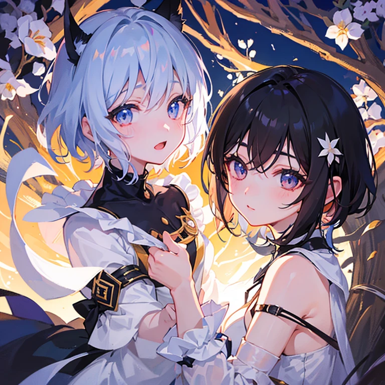 anime, beautiful girl、10 talents、Black Hair、A face that retains its youthfulness、short hair、Her hair is cut short, just short of her shoulders、Bright eyes、Sparkling eyes、whole body、Running desperately、Night Forest、Moonlight