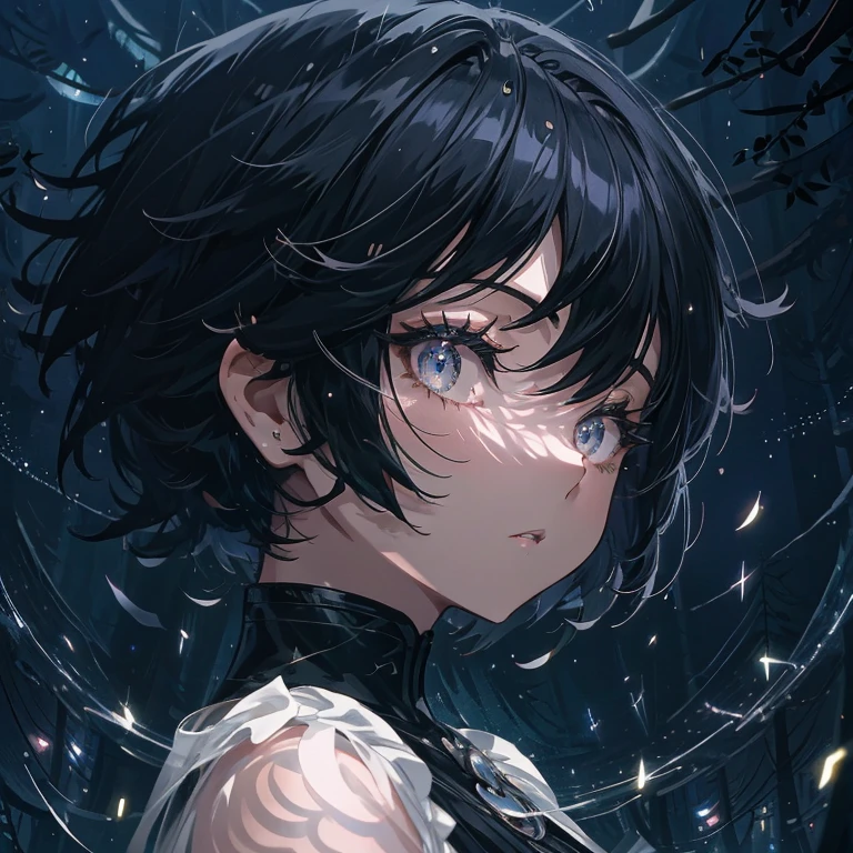 anime, beautiful girl、10 talents、Black Hair、A face that retains its youthfulness、short hair、Her hair is cut short, just short of her shoulders、Bright eyes、Sparkling eyes、whole body、Running desperately、Night Forest、Moonlight
