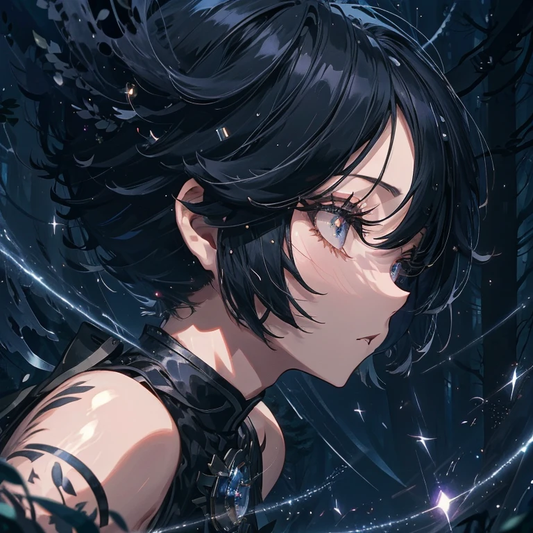 anime, beautiful girl、10 talents、Black Hair、A face that retains its youthfulness、short hair、Her hair is cut short, just short of her shoulders、Bright eyes、Sparkling eyes、whole body、Running desperately、Night Forest、Moonlight