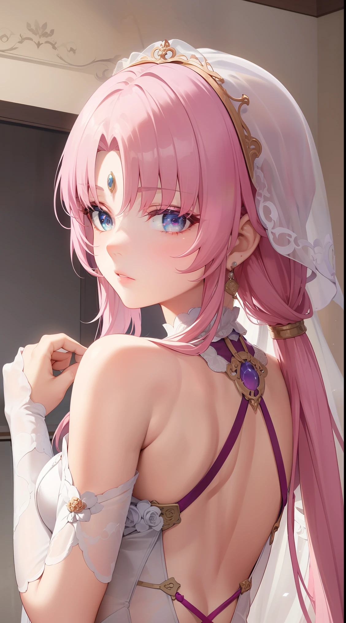 pink eye, pink hair,
BREAK (Sheer white wedding dress,Veil ,Lace Sleeves,Big Long Tail:1.2)
BREAK casino,
BREAK from back view、Look back with a sideways glance,
BREAK (masterpiece:1.2), best quality, high resolution, unity 8k wallpaper, (illustration:0.8), (beautiful detailed eyes:1.6), extremely detailed face, perfect lighting, extremely detailed CG, (perfect hands, perfect anatomy),