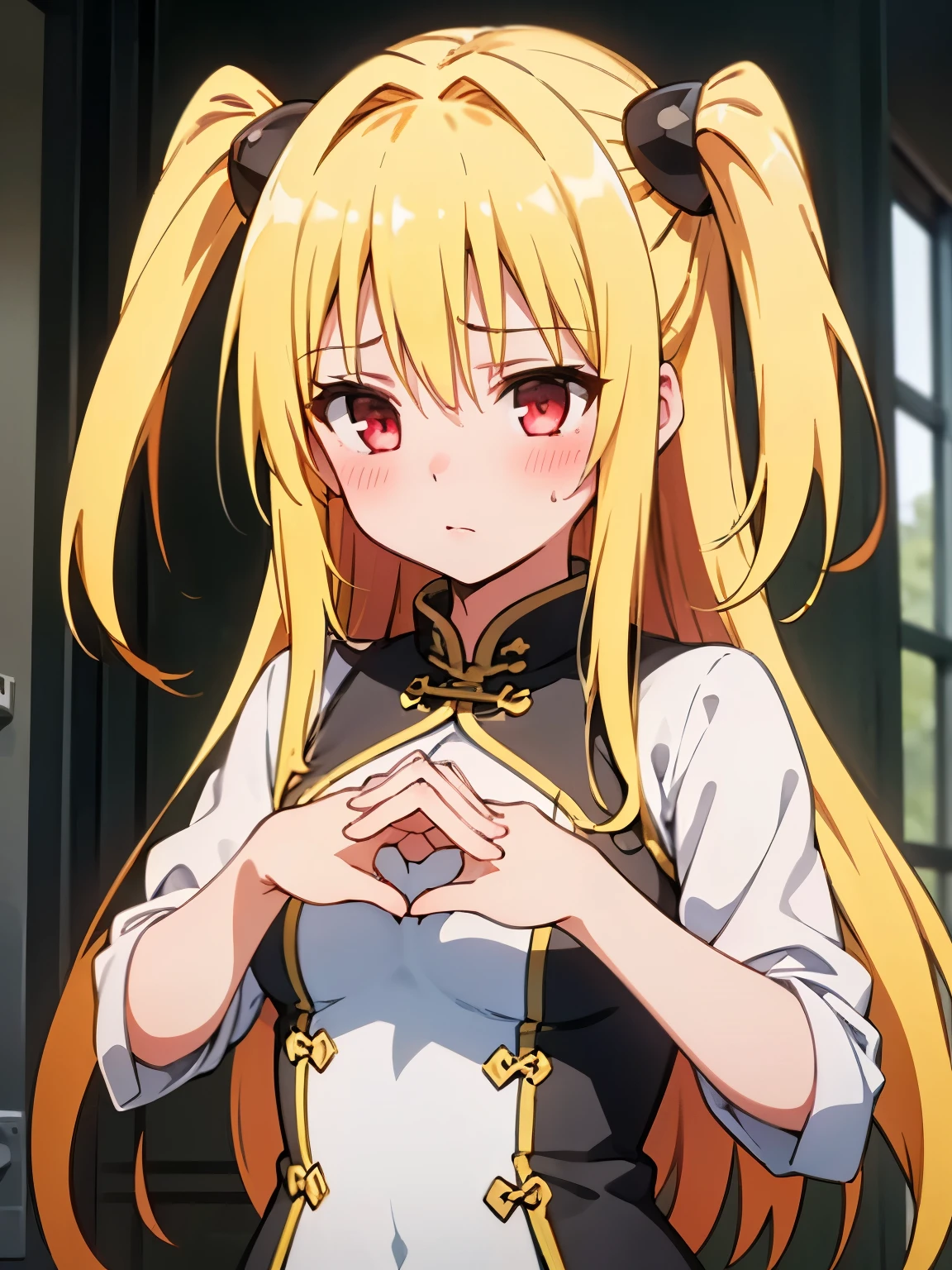 NSFW,Fiami、1 girl、Long Hair、solo、hair ornaments、Two Side Up、Blonde Hair、Red eyes、hair ornaments,China dress,Embarrassed,blush,In heat,A wistful look,I feel pleasure,(Perfect hands),(Perfect Anatomy),(masterpiece),(highest quality),prison