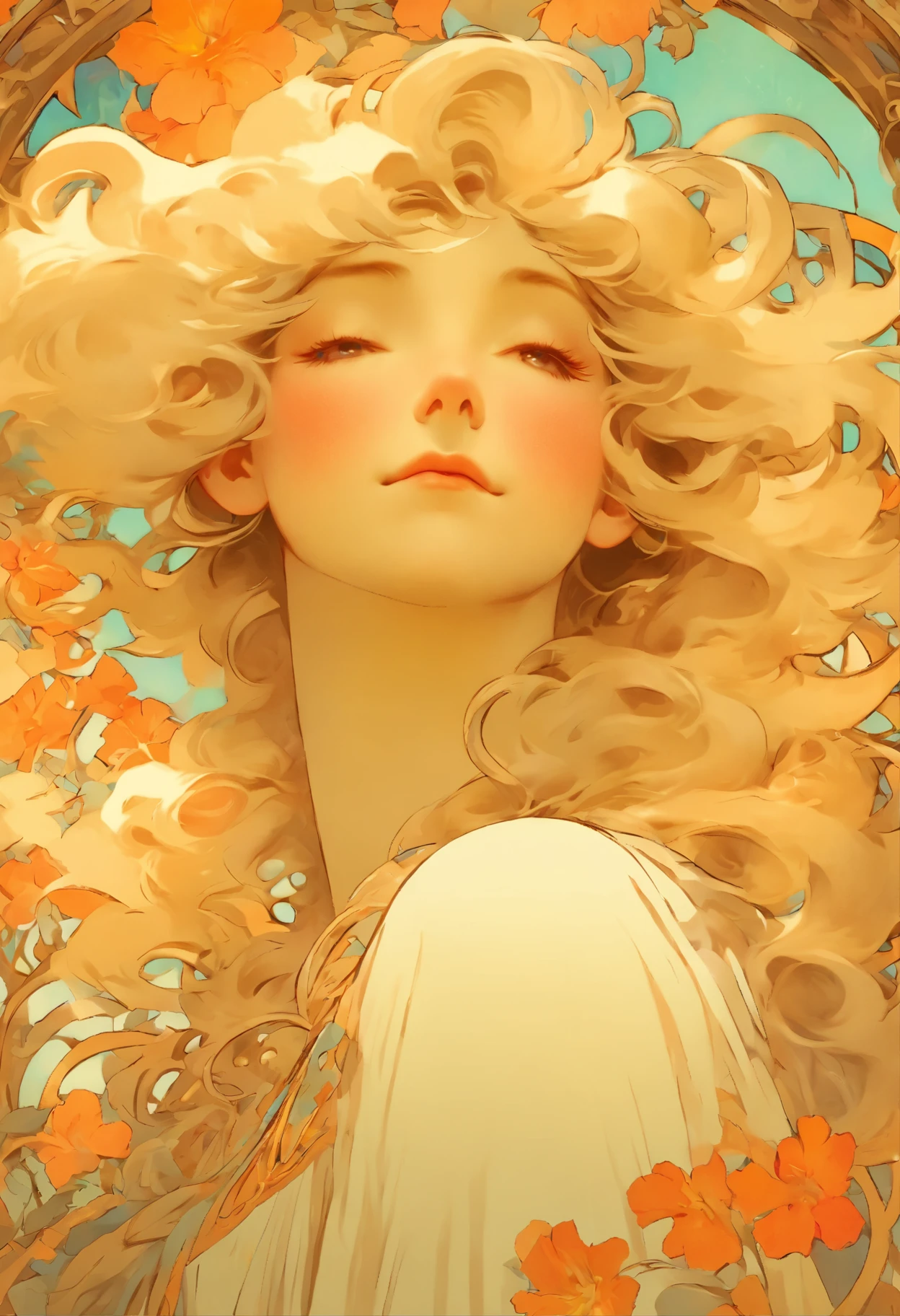 Alfons Maria Mucha, bright color, sunshine, Slavic god, female, sexy, huge breast, beauty women, big breast, mommy, sleepy, long white hair, floral frame, decorative panels, artistic abstract, Director: Alphonse Mucha, (master piece, best quality, Highs:1.4), detailed, intricate details, 4k, Color splash, line art, Fibonacci