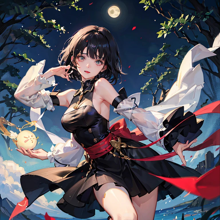 anime, beautiful girl、10 talents、Black Hair、A face that retains its youthfulness、short hair、Her hair is cut short, just short of her shoulders、Bright eyes、Sparkling eyes、whole body、Running desperately、Night Forest、Moonlight