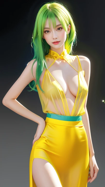 8K Ultra HD、Digital SLR Camera、soft light、high quality、Volumetric Lighting、frank、photo、high resolution、4K、8k、Bokeh,The eyes and face are very detailed,Clear eyes,Delicateeyes, Delicate lips, Show a sexy smile, Pretty Face,Oval face, Create stunning girl images, warm color, Very high color saturation,The legs look very long from the front,dynamic poses,Normal standing posture,Japanese-Chinese mixed race female model,Golden Ratio, Minimalism,Transparent and visible skin, mustard yellow clothing,Sheer silk shirt,Transparent silk maxi skirt,Green Hair、Invisible cyberpunk hairstyle,Cleavage、Exposed breasts、sexy、very detailed breasts, d cup size,black background