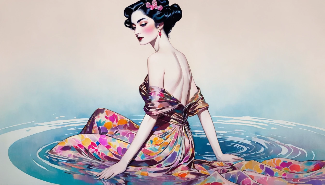 chiaroscuro technique on sensual illustration of an elegant queen , vintage ,silky dress, matte painting, by John Singer Sargent, by Harumi Hironaka, extremely soft colors, vibrant, pastel, highly detailed, digital artwork, high contrast, dramatic, refined, tonal, an intimate, seductive studio setting with a focus on sensuality and romance. Utilize soft, warm lighting that bathes the space in a gentle, (Super detailed,ultra high resolution,detailed background),((2D)),((flat color)),((colorful)),((floating colorful water)),1 girl,alone,looking at the viewer,break、body paint、beauty of women、Warm body shape