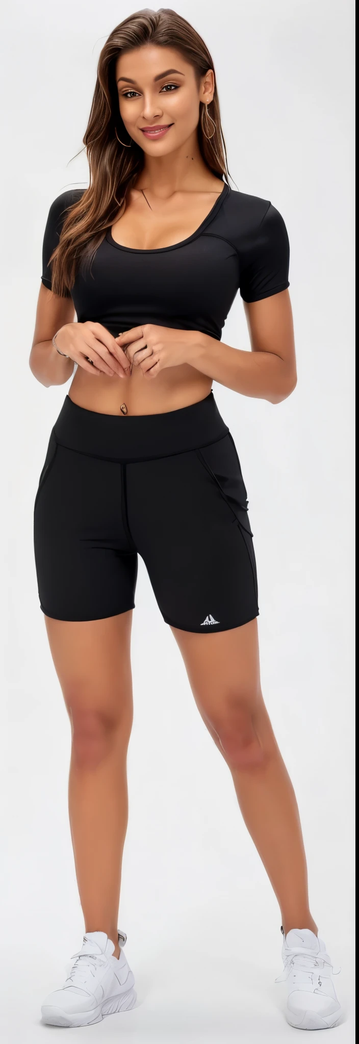 uma mulher de top preto e shorts posando para uma foto, Corte Yoga Curto, shorts pretos, shorts pretos de , wearing shorts pretos, Athletic shorts, pernas tonificadas, sexy shorts pretos, In shorts, shorts de meninots esportivos, mulher baixa e robusta, coxas focus, coxas, blusa preta justa e shorts, shorts de saque, visible legs, pernas grossas