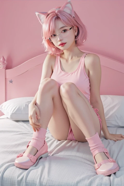 (best quality,realistic,hdr,best anatomy),cartoon_portrait,1girl,solo,looking at viewer,short hair,simple background,pink hair, pink eyes, full body shot, closed mouth, animal ears, pink shoes, cat, tanktop, big breasts, glasses, sleep on the bed, lips, white background,, sexy body, red lips,18 years