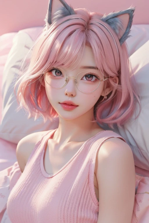(best quality,realistic,hdr,best anatomy),cartoon_portrait,1girl,solo,looking at viewer,short hair,simple background,pink hair, pink eyes, full body shot, closed mouth, animal ears, pink shoes, cat, tanktop, big breasts, glasses, sleep on the bed, lips, white background,, sexy body, red lips,18 years