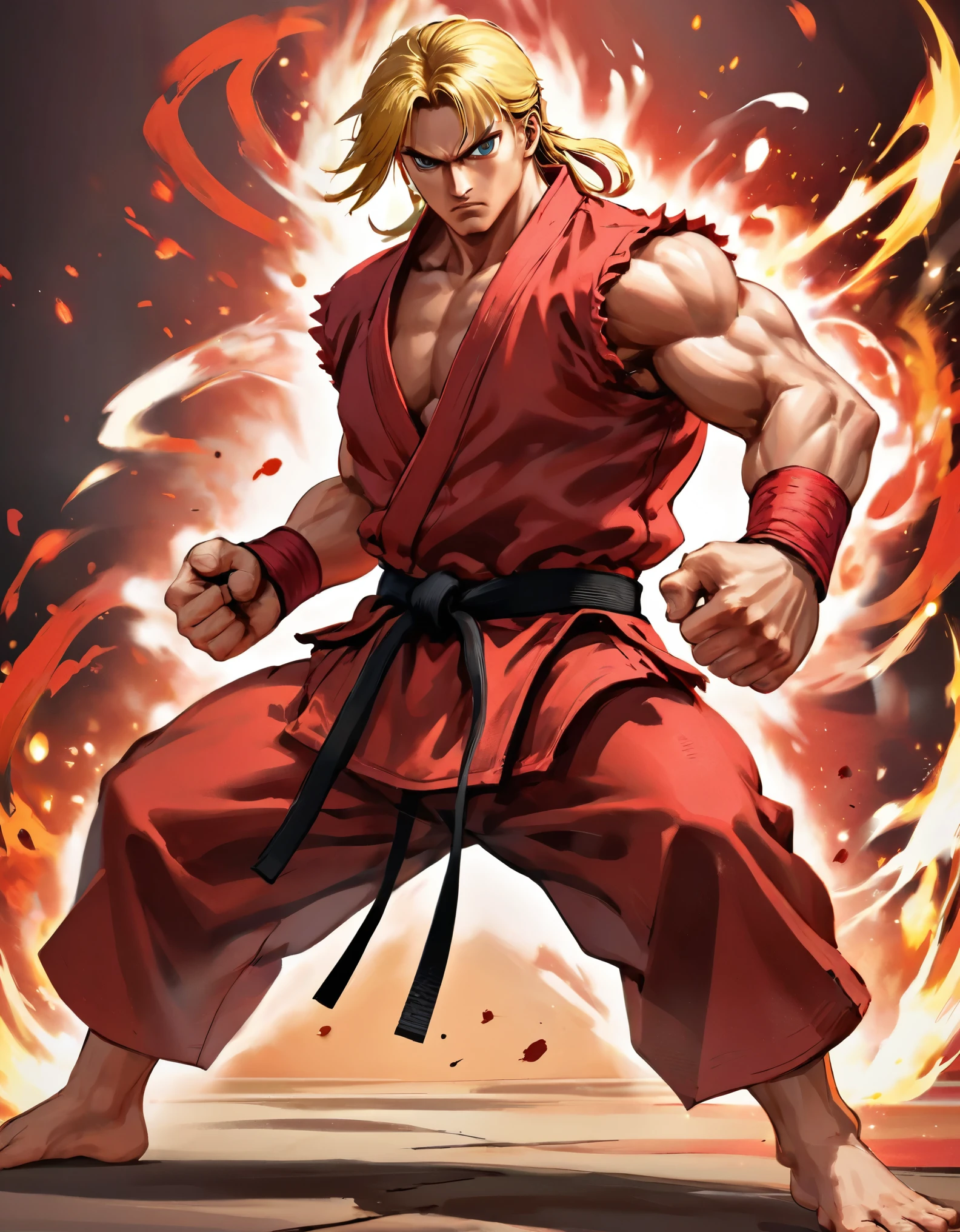 Ken Masters with red kimono, black belt at the waist, muscular body, Street Fighter, intense gaze, strong fists, powerful legs, martial arts master, focused stance, dynamic action, Japan-inspired background, dramatic lighting, vibrant colors, detailed facial features, spiky hair, determined expression, energetic movement, fighting stance, fierce competitor, iconic fireball attack, confident posture, determined eyes, muscular physique, iconic fighting game character, dynamic composition, iconic red headband, intense martial arts fighting, experienced fighter, precise strikes, intense training, iconic white gi, fiery aura, skilled martial artist.