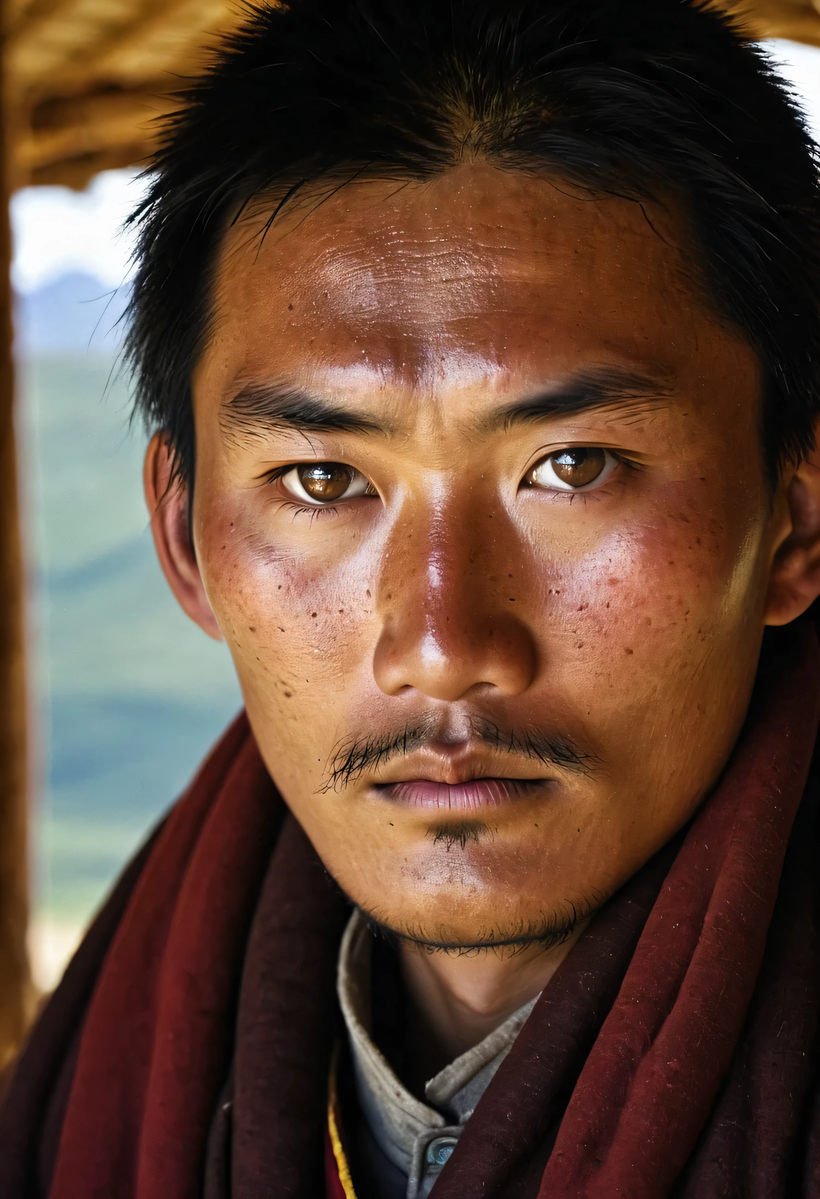 A portrait o fTibetan people with a calm face, looking at the camera, National Geographic Magazine photo style, Documentary, photorealistic, the traditional outfit, Photograph within their hutShowing off his calm and sad face with brown eyes, the man looks into the camera, The images are extremely realistic., Photographs like the Geographic style of Nation magazine., Professional documentary work, realistic details, natural light, Rim Light, Studio Light, photo inside Mongolian tent