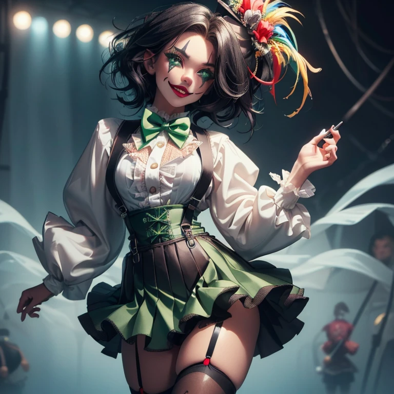 A clown, juggling, jumping, circus, arena, detailed background, wearing (short white shirt), (black pleated mini skirt with suspenders), (fishnet stockings), (clown shoes), extremely detailed illustration, (work -prime: 1.2 ), (8K, best quality: 1.2), 8K paper wallpaper, HDR, octane rendering, (messy hair, shiny black hair: 1.4), (detailed glowing green eyes: 1.2), (red lips, smile, teeth), (perfectly proportioned face, sharp details), (contoured skin shape, perfect composition, correct and smooth texture, high details), cinematic lighting, vivid colors, (high resolution: 1, 2) , (ultra-detailed), Depth of field.