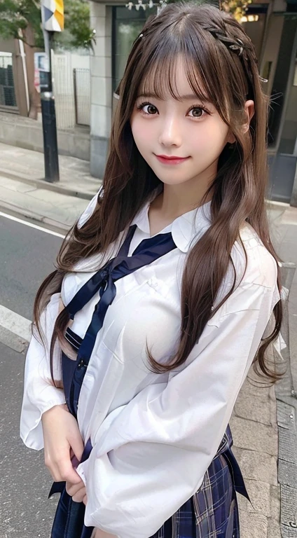 1 girl, Japan person, looking view, smile (smile: 1.15), medium breasts, beautiful detail eyes, sunshine, long hair (long hair: 1.9), SCHOOL uniforms, white skin, TOKYOcty, (8k, top quality, masterpiece: 1.2), (realistic, photorealistic: 1.37), ultra detail, intersection, standing, TOKYOCty, From Bihind