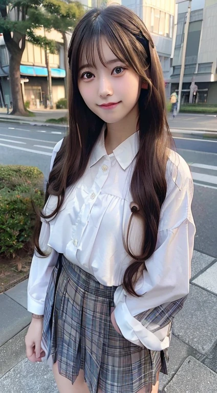 1 girl, Japan person, looking view, smile (smile: 1.15), medium breasts, beautiful detail eyes, sunshine, long hair (long hair: 1.9), SCHOOL uniforms, white skin, TOKYOcty, (8k, top quality, masterpiece: 1.2), (realistic, photorealistic: 1.37), ultra detail, intersection, standing, TOKYOCty, From Bihind