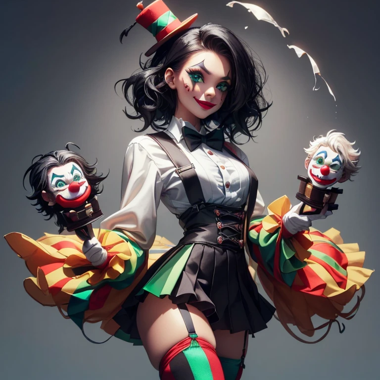 A clown, juggling, jumping, circus, arena, detailed background, wearing (short white shirt), (black pleated mini skirt with suspenders), (fishnet stockings), (clown shoes), extremely detailed illustration, (work -prime: 1.2 ), (8K, best quality: 1.2), 8K paper wallpaper, HDR, octane rendering, (messy hair, shiny black hair: 1.4), (detailed glowing green eyes: 1.2), (red lips, smile, teeth), (perfectly proportioned face, sharp details), (contoured skin shape, perfect composition, correct and smooth texture, high details), cinematic lighting, vivid colors, (high resolution: 1, 2) , (ultra-detailed), Depth of field.