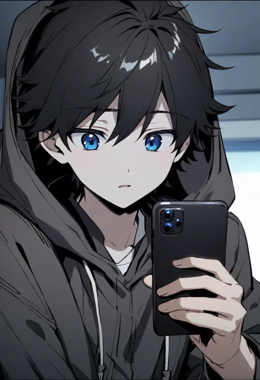 Handsome, solo, 1 boy, , White and pale face, short Black glossy pixie hair, black hair, Beautiful big blue eyes, black and white hood,Playing with the phone, Japanese anime