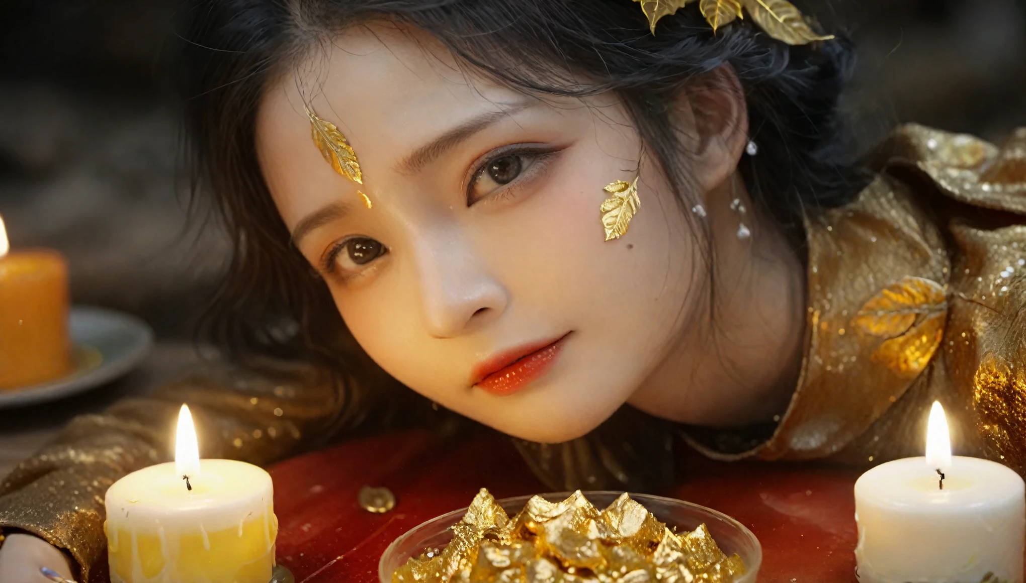 ((Masterpiece in maximum 16K resolution):1.6),((soft_color_photograpy:)1.5), ((Ultra-Detailed):1.4),((Movie-like still images and dynamic angles):1.3). | (Macro shot cinematic photo of delightful dessert with micro gold leaf), (edible micro gold leaf), (focus on the dessert), (macro lens), (exotic cuisines), (Candles), (luminous object), (delightful atmosphere), (shimmer), (aesthetic dessert accesories), (visual experience),(Realism), (Realistic),award-winning graphics, dark shot, film grain, extremely detailed, Digital Art, rtx, Unreal Engine, scene concept anti glare effect, All captured with sharp focus. | Rendered in ultra-high definition with UHD and retina quality, this masterpiece ensures anatomical correctness and textured skin with super detail. With a focus on high quality and accuracy, this award-winning portrayal captures every nuance in stunning 16k resolution, immersing viewers in its lifelike depiction. | ((perfect_composition, perfect_design, perfect_layout, perfect_detail, ultra_detailed)), ((enhance_all, fix_everything)), More Detail, Enhance.
