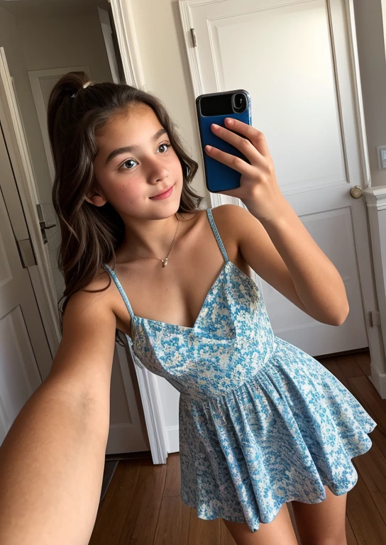 A  beautiful face 13 years old girl, in cute dress, taking selfies, white sleeveless dress, in shower