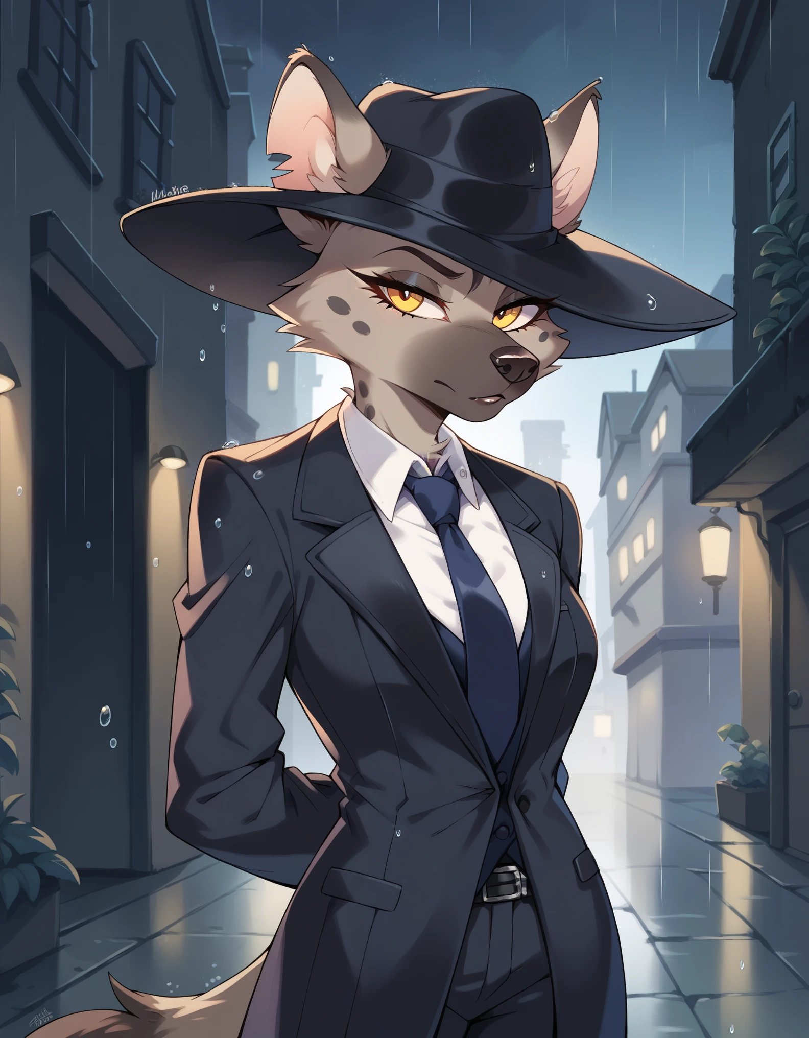 score_9, score_8_up, score_7_up, score_6_up, furry, questionable, anthro hyena woman mafia boss, suit and tie, hat, glowing yellow eyes, monochrome, alley, raining, night, noir, solo, hands behind back, striking image, by r-mk, detailed, beautiful, solo