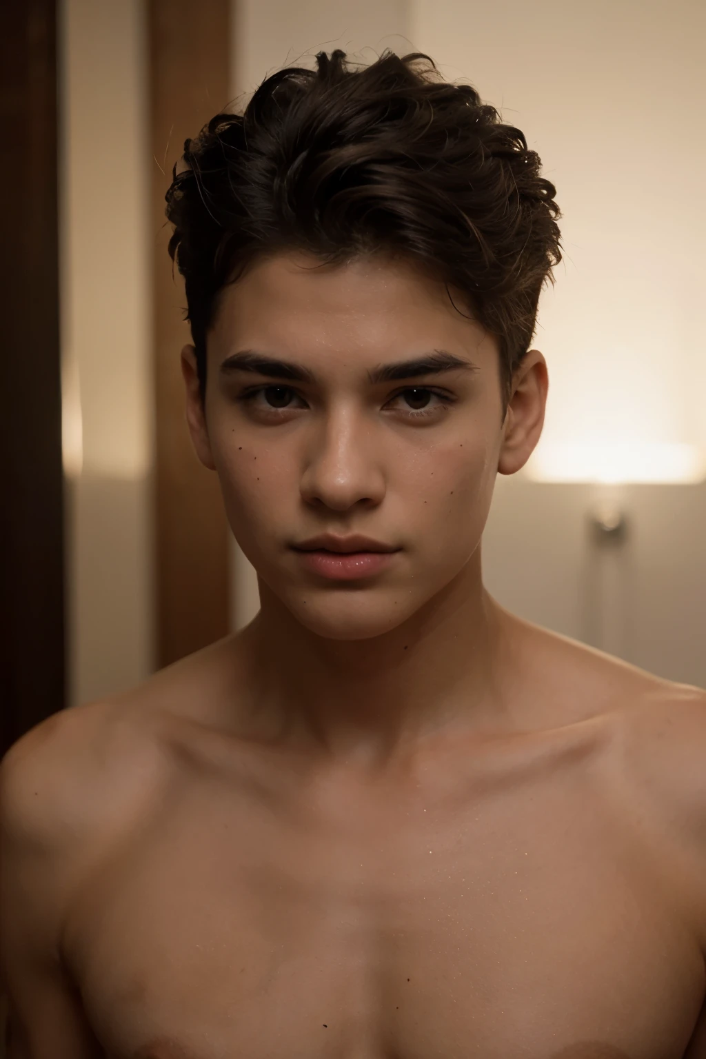 ilustracion, (chico), (masculino) (), (brown skin), (pelo negro), (rizado), (cejas pobladas) (delgado)