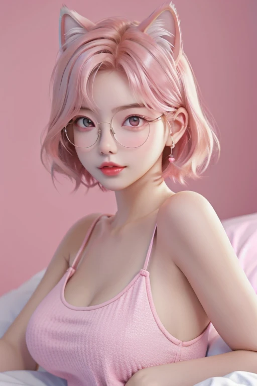 (best quality,realistic,hdr,best anatomy),cartoon_portrait,1girl,solo,looking at viewer,short hair,simple background,pink hair, pink eyes, full body shot, closed mouth, animal ears, pink shoes, cat, tanktop, big breasts, glasses, lying in bed, lips, white background,, sexy body, red lips,18 years