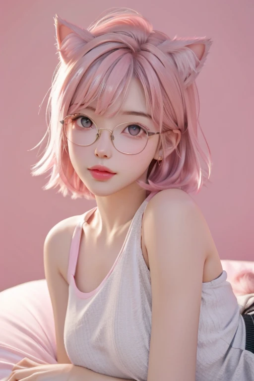 (best quality,realistic,hdr,best anatomy),cartoon_portrait,1girl,solo,looking at viewer,short hair,simple background,pink hair, pink eyes, full body shot, closed mouth, animal ears, pink shoes, cat, tanktop, big breasts, glasses, lying in bed, lips, white background,, sexy body, red lips,18 years