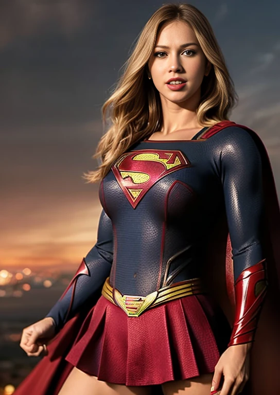 Obra maestra, una imagen de cuerpo completo de la bella superchica, rubia, 🤬 🤮 ,sujetador deportivo y falda de porrista, supergirl, hermosa mujer diosa rubia superchica, con botas brillantes, falda corta de color rojo, en pose de lucha, superchica, disfrasada de superman, supergirl, supergirl, sexy