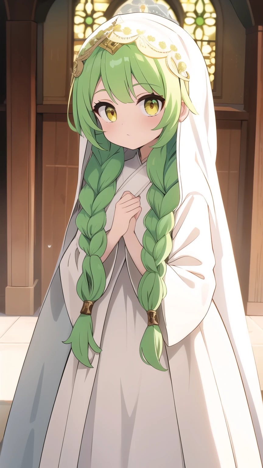 She has light green hair in braids.,Wearing a veil,Golden Eyes,Teenage Girl 1,White robe-like dress,saint,Sister