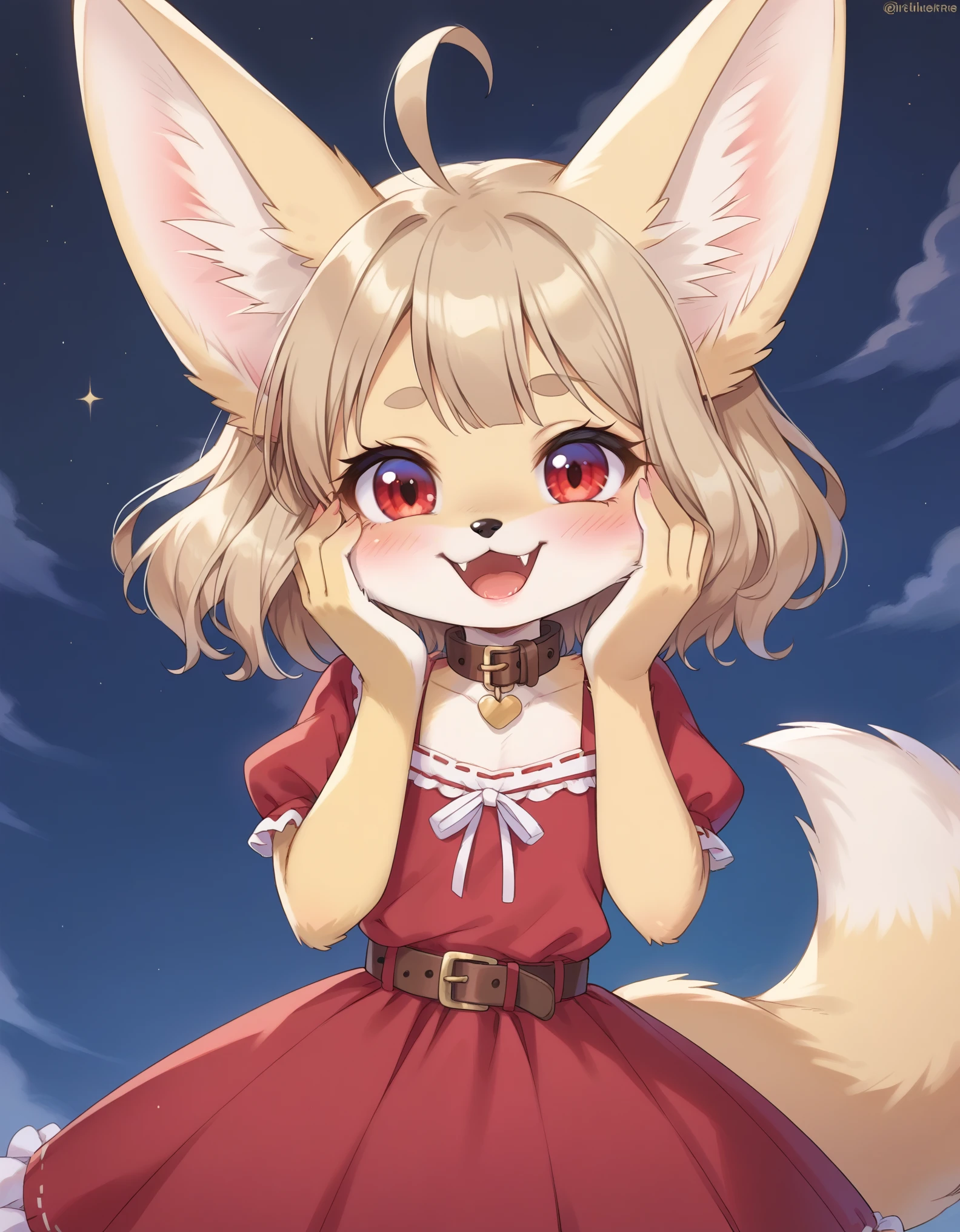 (loli, anthro, fennec fox, small hair, small ahoge, light brown hair, small snout, flat chest, fox tail, little thighs, ((long fur, yellow fur)), round head, round chin, small fangs and big red eyes) wearing (brown collar, pink blouse, red skirt, long skirt, leather belt), standing, hands on face, extremely happy, blushed, by dagasi, by diives