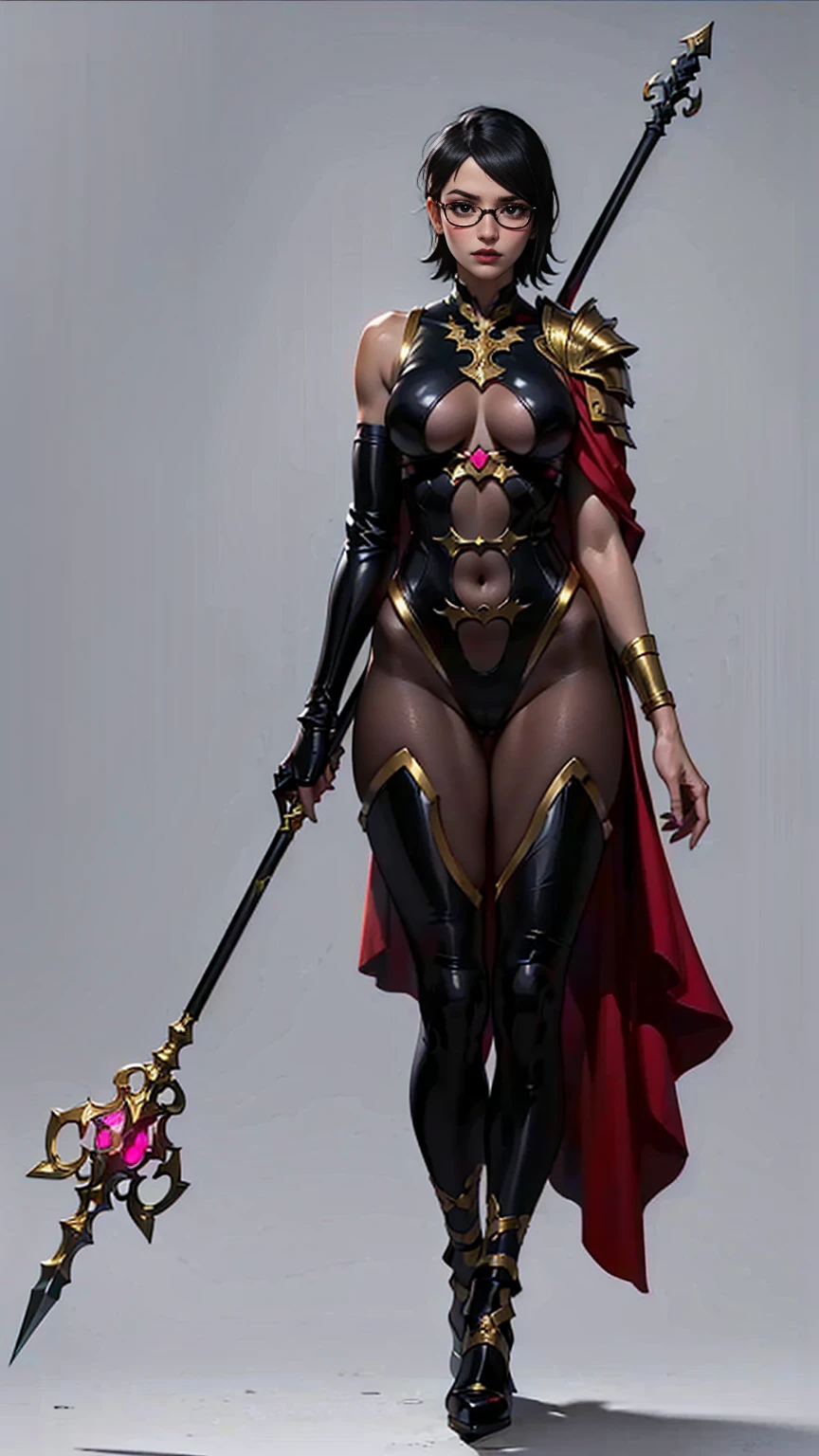 ((white background)) full body female MILF BIMBO, Two long thighs, yellow eyes, green hair, short hair, large breasts, detached sleeves, royal tiara, long cape, yellow tiger bikini, high heels, hands on hips. red tattoo on belly navel, lustful smirking smile face (red blush), metal shoulders, golden bracers sleeveless, black choker sex slave