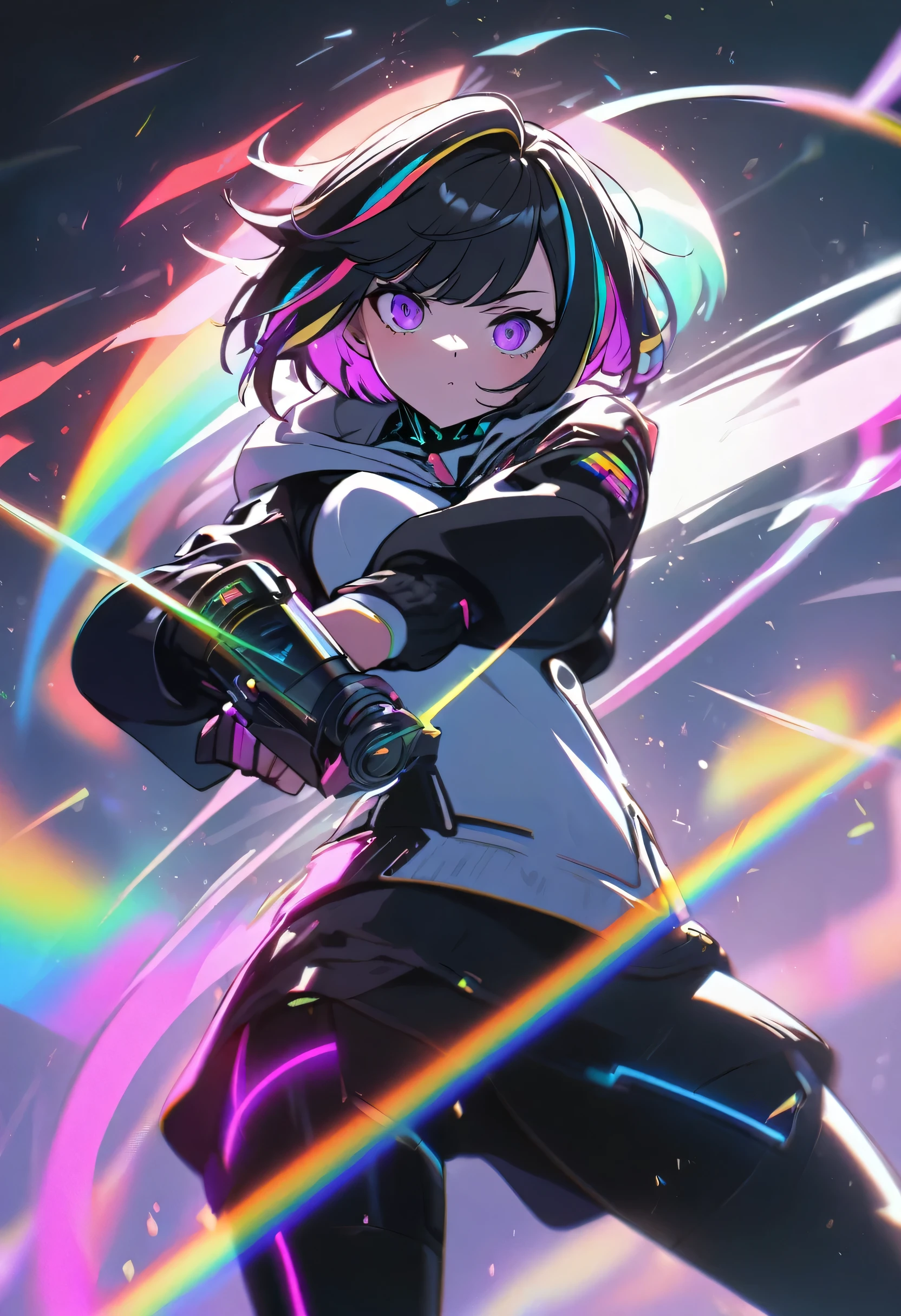 Robot Dance, alone, 1 female, short hair, Black Hair, Rainbow Hair, Purple eyes, Black and white hood, Futuristic, cyber punk, Cybernetic