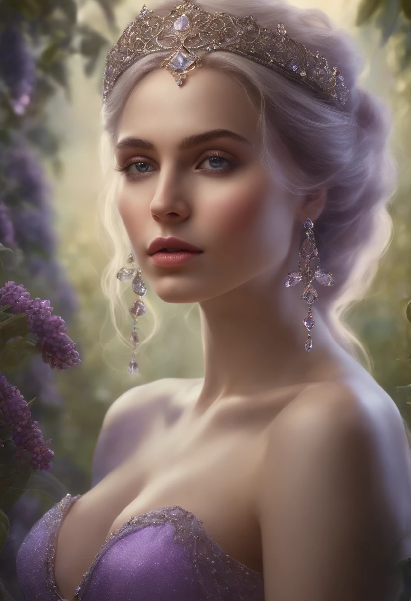 Realism, painting, Fantastic fairy tale, fantastic style, John Tolkien style, small painting by Jean-Baptiste Mo, Close-up.
Diamonds + glass beads +beads+ filigree jewelry+ Lush large open female bust + lack of clothes + sensual princess Rapunzel + cleavage + the thinnest transparent lavender tulle, with a lively natural structure of dry skin and pores, mystical morning lighting, a book image in the RPG genre, an image from "Dungeons and Dragons", a fantasy image.