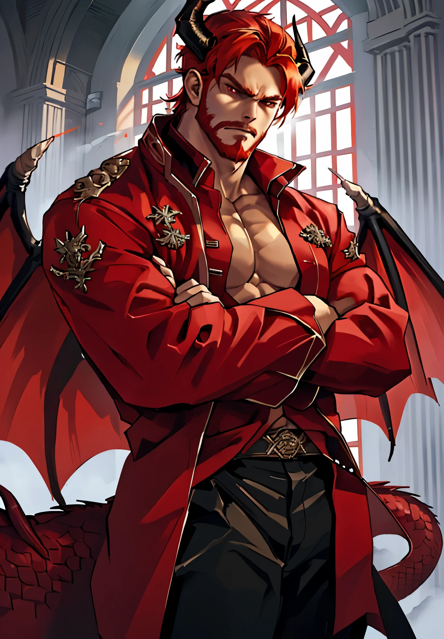 Close up, there is a man with dragon horns with a baby red Dragon, a man with a red dragon, commission for high res, anthropomorphic, muscular chest, highly detailed full body, strong and imposing, detailed full body, muscular character, extra detailed body, macho pose, body detailed, (looking at the viewer), wet body, sweaty, short red hair, gray beard, veins, topless, dragon scale, angry face, red eyes, Lava Field, Volcano, a man with a baby dragon, flying baby dragon beside a man, 