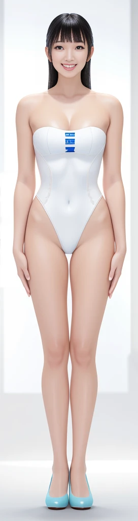 On a white background,A tall and beautiful Chinese girl,with fair skin,Toothy smile,A big smile,When you laugh, Your eyes are crescent-shaped,blunt bangs, long straight hair,Wear a one-piece swimsuit and pumps,Swimsuits are decorated with joyful patterns, Stand up straight,Stand upright,hands on sides,Symmetrical distribution,Ray tracing,All shaded areas,No windows, Soft lighting, Warm light, flood light, n, Studio light, 1.4x Realistic Ultra HD