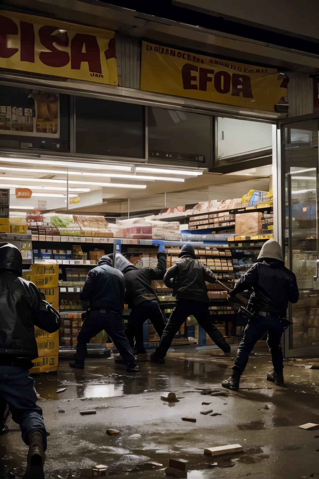 a mob breaking into and looting a supermarket