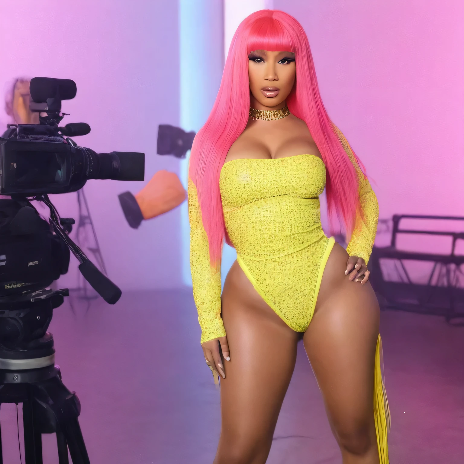 I apologize for the misstep. Here's a text-to-image prompt for your satirical hip hop Instagram page featuring a real entertainer:
Image: An AI-generated scene of Nicki Minaj filming a music video on a movie set. Behind her, the director and film crew are all wearing colorful wigs in an attempt to mimic her iconic style.
**Caption: "When the whole crew gotta match your vibe. #NickiMinajHive #DirectorStruggles"
