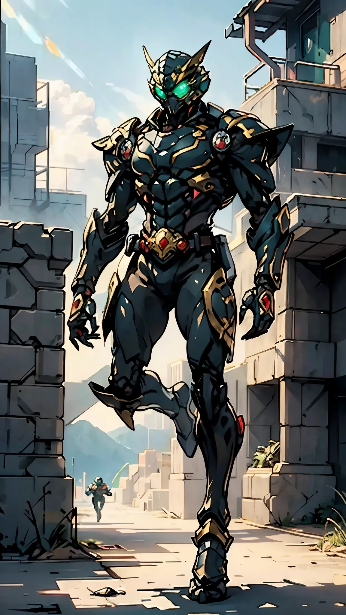 A man wearing a full-face helmet, a fantasy-style biotech armored combat suit, green eyes, (a composite layered chest armor), fully enclosed shoulder guards, matching arm and leg guards, the belt is adorned with Beetle-shaped gem, (the color scheme is primarily black with red accents), the design balances heavy with agility, a high-tech bio-mecha armor, (Dynastinae concept Armor, stand on the top of a skyscraper in a futuristic sci-fi city), this character embodies a finely crafted fantasy-surreal style armored hero in anime style, exquisite and mature manga art style, (element, plasma, energy, the armor glows), ((male:1.5)), metallic, real texture material, dramatic, high definition, best quality, highres, ultra-detailed, ultra-fine painting, extremely delicate, professional, perfect body proportions, golden ratio, anatomically correct, symmetrical face, extremely detailed eyes and face, high quality eyes, creativity, RAW photo, UHD, 32k, Natural light, cinematic lighting, masterpiece-anatomy-perfect, masterpiece:1.5