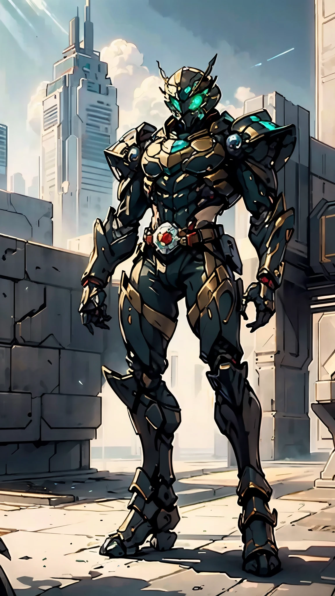 A man wearing a full-face helmet, a fantasy-style biotech armored combat suit, green eyes, (a composite layered chest armor), fully enclosed shoulder guards, matching arm and leg guards, the belt is adorned with Beetle-shaped gem, (the color scheme is primarily black with red accents), the design balances heavy with agility, a high-tech bio-mecha armor, (Dynastinae concept Armor, stand on the top of a skyscraper in a futuristic sci-fi city), this character embodies a finely crafted fantasy-surreal style armored hero in anime style, exquisite and mature manga art style, (element, plasma, energy, the armor glows), ((male:1.5)), metallic, real texture material, dramatic, high definition, best quality, highres, ultra-detailed, ultra-fine painting, extremely delicate, professional, perfect body proportions, golden ratio, anatomically correct, symmetrical face, extremely detailed eyes and face, high quality eyes, creativity, RAW photo, UHD, 32k, Natural light, cinematic lighting, masterpiece-anatomy-perfect, masterpiece:1.5