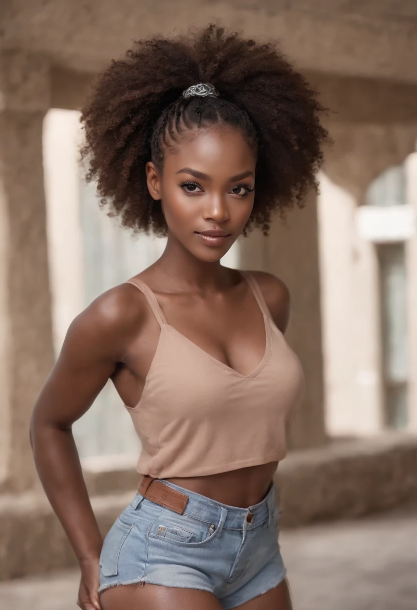 ((Dark African skin, Very deep ebony skin)), ((Its beauty is undeniable)), ((cute excited face)), ((Hyper detailed perfect eyes,)), ((pose mignonne)), ((Langue sortie)), ((Attirant )), sexy, (( Tight knit shirt, shorts courts sexy)), ((Afro curly African hair afro ponytail afro,)), (( peau)), ((debout, vue de face)), ((toucher ses propres jambes dans une pose sexy)), ((dehors, Ville publique)), Focused CGI, Fotorrealista, High detail, Realstic, Master part, Absurde, Best quality, Hdr, highly quality, high-definition, extremly detailed, 8k wallpaper, intricate high detail, 8K UHD, Full-HD, (photo realist:1.2), contraste, intense illumination, lighting cinematic, natural lighting, hard light, contre-jour, Illumination globale, occlusion ambiante
