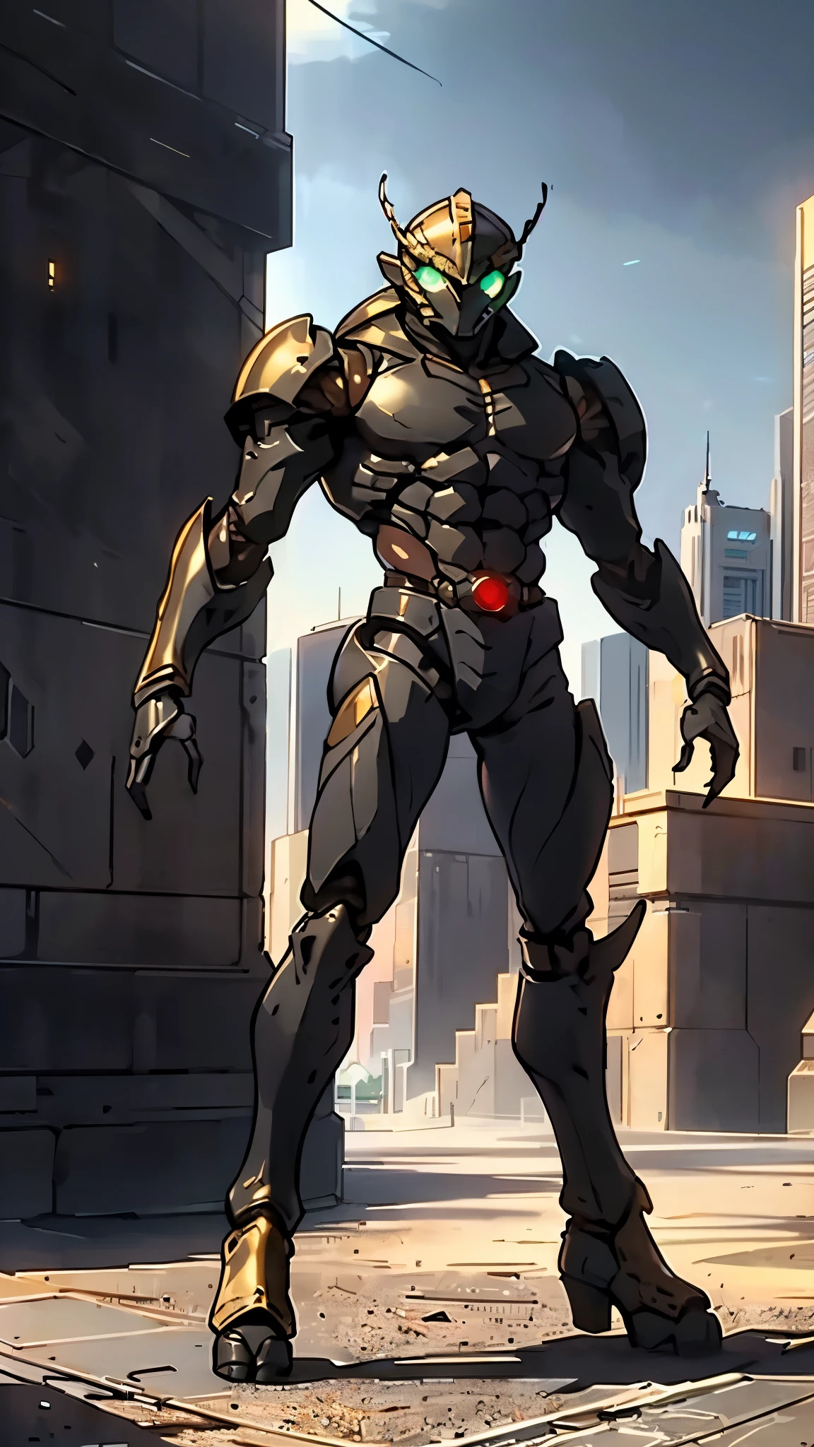 A man wearing a full-face helmet, a fantasy-style biotech armored combat suit, green eyes, (a composite layered chest armor), fully enclosed shoulder guards, matching arm and leg guards, the belt is adorned with Beetle-shaped gem, (the color scheme is primarily black with red accents), the design balances heavy with agility, a high-tech bio-mecha armor, (Dynastinae concept Armor, stand on the top of a skyscraper in a futuristic sci-fi city), this character embodies a finely crafted fantasy-surreal style armored hero in anime style, exquisite and mature manga art style, (element, plasma, energy, the armor glows), ((male:1.5)), metallic, real texture material, dramatic, high definition, best quality, highres, ultra-detailed, ultra-fine painting, extremely delicate, professional, perfect body proportions, golden ratio, anatomically correct, symmetrical face, extremely detailed eyes and face, high quality eyes, creativity, RAW photo, UHD, 32k, Natural light, cinematic lighting, masterpiece-anatomy-perfect, masterpiece:1.5