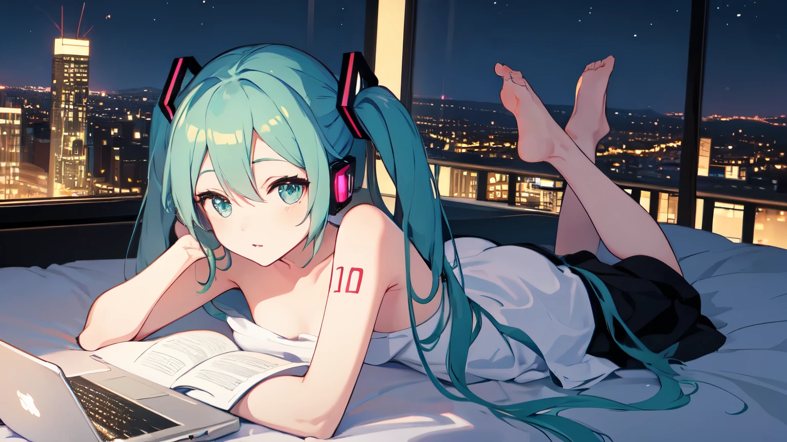 On the sofa with headphones、Studying on a laptop、Hatsune Miku in a bikini、Beautiful night view outside the window。4K