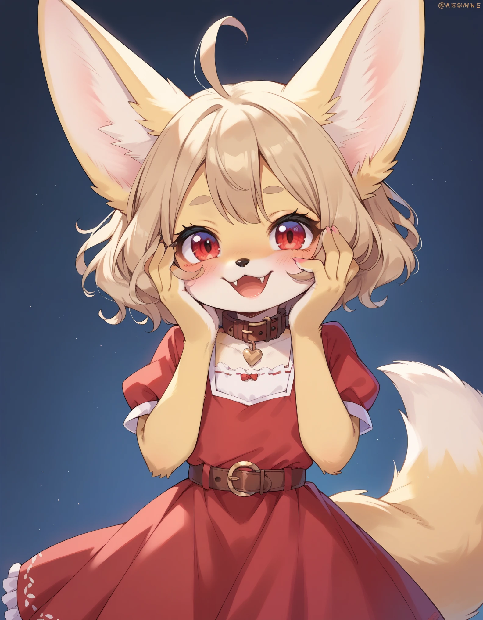 score_9, score_8_up, score_7_up, score_6_up, source_cartoon, (****, anthro, fennec fox, small hair, small ahoge, light brown hair, small snout, flat chest, fox tail, little thighs, ((long fur, yellow fur)), round head, round chin, small fangs and big red eyes) wearing (brown collar, pink blouse, red skirt, long skirt, leather belt), standing, hands on face, extremely happy, blushed, by dagasi, by diives