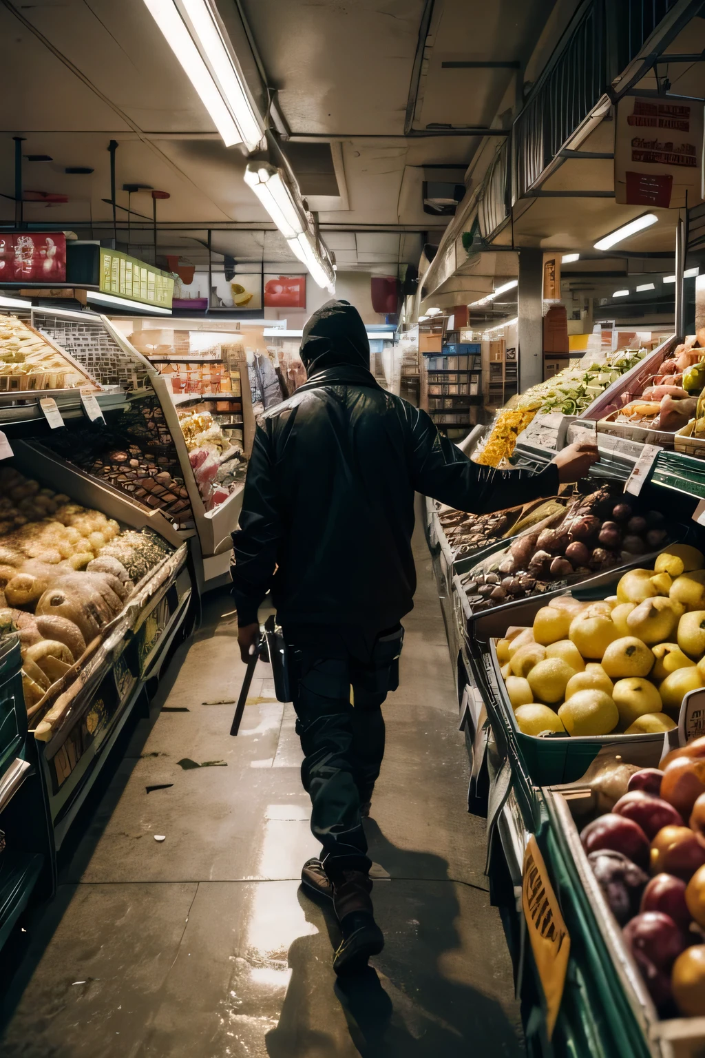 a mob breaking into and looting a supermarket, mercado decadente, depredado, high definition image, cinematic image, imagem ultradetalhada