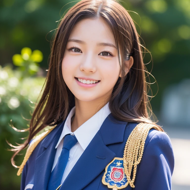 Young girl in dark blue blazer uniform with school emblem on chest,standing in the park, Ties are regimental,finely detail, beautiful detailed women,flat chest, A dark-haired,Looking here,Chest is not open,Full body like,a smile,showing teeth,Shown up to the tips of the feet