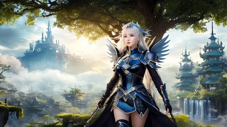 ((best quality)), ((masterpiece)), (detailed), Perfect face,Woman dressed in futuristic clothing,Standing in front of a big tree,Feathered wings, Archangel Knight,girl, Armor Girl, 穿着机甲网络装甲的girl, 十二生肖girl的骑士, Mechanized Warrior Girl, Anime Fantasy Artwork, 女性动作动漫girl, 美丽的天使girl, Portrait of the Zodiac Girl Knight, Anime Fantasy Illustration, As a mysterious Valkyrie, Anime Fantasy Artwork