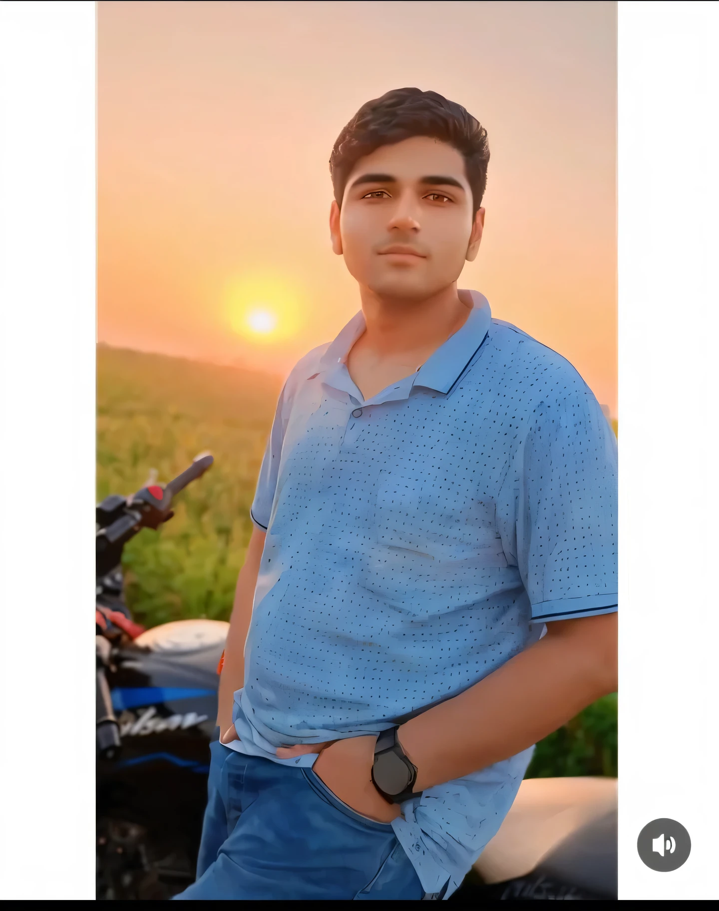 arafed man standing in front of a motorcycle in a field, with sunset, portait photo profile picture, during sunset, at a beautiful sunset, inspired by Saurabh Jethani, photo taken with canon 5d, during golden hour, with a sunset, candid picture, with accurate face, at the sunset, profile picture, very very low quality picture