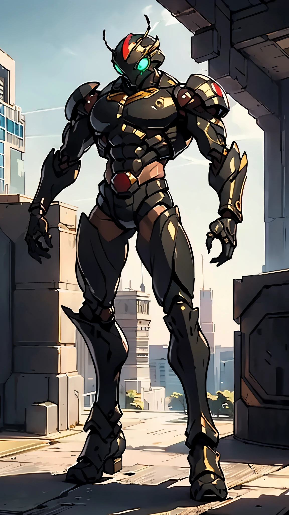 A man wearing a full-face helmet, a fantasy-style biotech armored combat suit, green eyes, (a composite layered chest armor), fully enclosed shoulder guards, matching arm and leg guards, the belt is adorned with Beetle-shaped gem, (the color scheme is primarily black with red accents), the design balances heavy with agility, a high-tech bio-mecha armor, (Dynastinae concept Armor, stand on the top of a skyscraper in a futuristic sci-fi city), this character embodies a finely crafted fantasy-surreal style armored hero in anime style, exquisite and mature manga art style, (element, plasma, energy, the armor glows), ((male:1.5)), metallic, real texture material, dramatic, high definition, best quality, highres, ultra-detailed, ultra-fine painting, extremely delicate, professional, perfect body proportions, golden ratio, anatomically correct, symmetrical face, extremely detailed eyes and face, high quality eyes, creativity, RAW photo, UHD, 32k, Natural light, cinematic lighting, masterpiece-anatomy-perfect, masterpiece:1.5