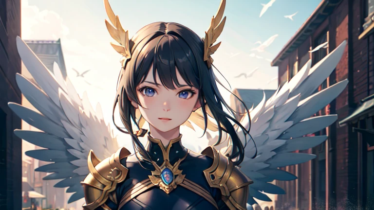 ((best quality)), ((masterpiece)), (detailed), Perfect face，Woman dressed in futuristic clothing，Standing in front of a big tree，Feathered wings, Archangel Knight，girl, Armor Girl, 穿着机甲网络装甲的girl, 十二生肖girl的骑士, Mechanized Warrior Girl, Anime Fantasy Artwork, 女性动作动漫girl, 美丽的天使girl, Portrait of the Zodiac Girl Knight, Anime Fantasy Illustration, As a mysterious Valkyrie, Anime Fantasy Artwork