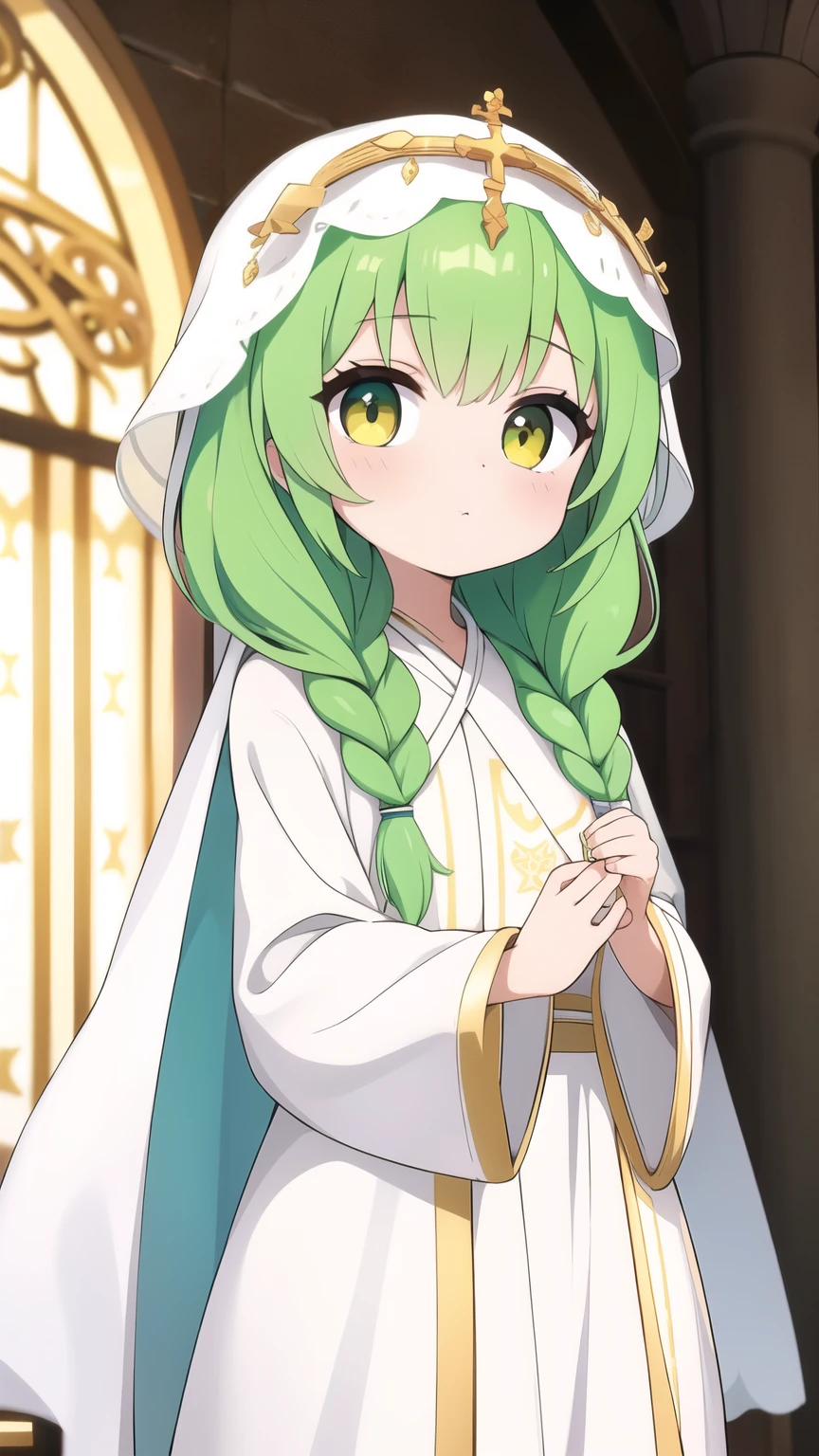 She has light green hair in braids.,Wearing a veil,Golden Eyes,Teenage Girl 1,White robe-like dress,saint,Sister